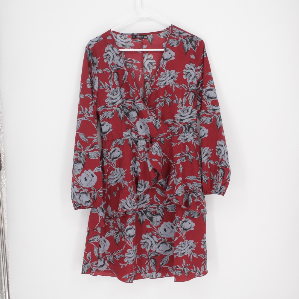 August Women's Red Floral Long Sleeve Faux‎ Wrap Ruffle Mini Dress Size Medium